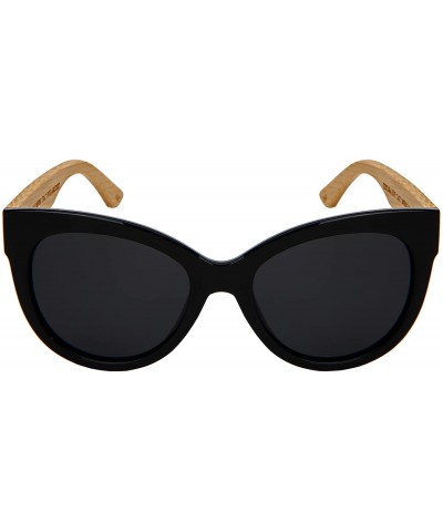Round Cat Eye Wooden Bamboo Sunglasses by 34108BM/32047BM - Polarized Black Frame/Grey Lens - C918GUWHL3Y $14.63