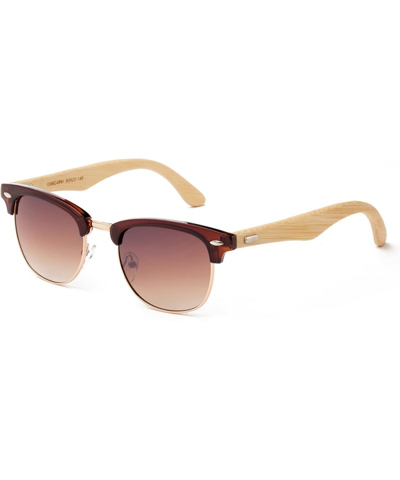 Round "Lighteon" Vintage Design Fashion Sunglasses Real Bamboo - Brown/Gold/Light Bamboo - CJ12M1OD6YV $10.55