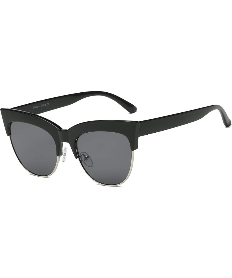 Oversized Women Half Frame Round Cat Eye Fashion Sunglasses - Black - CC18IRANZOZ $10.60