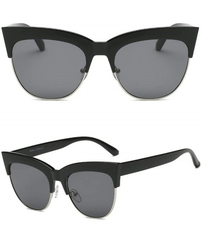 Oversized Women Half Frame Round Cat Eye Fashion Sunglasses - Black - CC18IRANZOZ $10.60