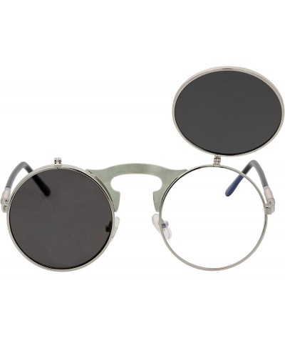 Round Retro Flip-Up Round Goggles Seampunk Sunglasses - Silver/Black - CM18C3XEYT7 $13.12