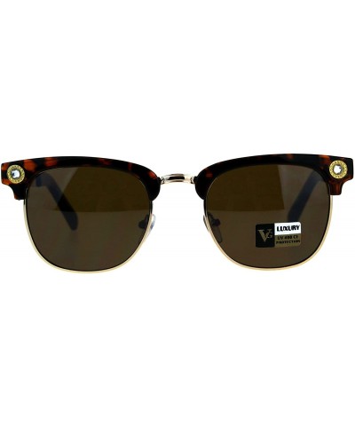 Rectangular Luxury Bling Rhinestone Half Horn Rim Rectangular Sunglasses - Tortoise Brown - CH18CT3X8KA $15.24