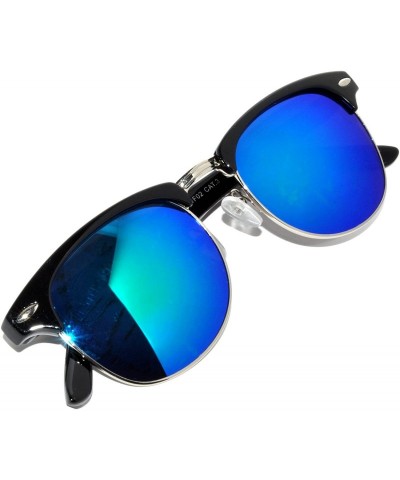 Rectangular Retro Classic Sunglasses Metal Half Frame With Colored Lens Uv 400 - Mirror-blue-lens-black - CU120075F6N $7.57