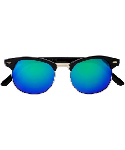 Rectangular Retro Classic Sunglasses Metal Half Frame With Colored Lens Uv 400 - Mirror-blue-lens-black - CU120075F6N $7.57