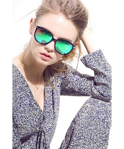 Cat Eye Classic Round Polarized Sunglasses Vintage Mirrored Glasses For Women - Black Frame/Green Polarized Mirrored Lens - C...