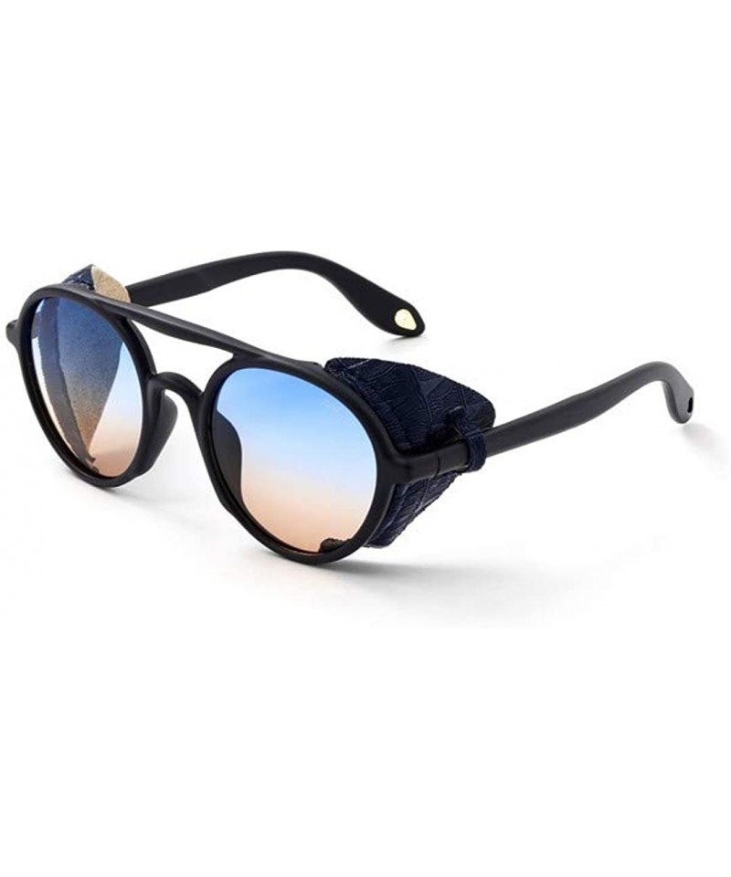 Polarized Sunglasses Men with Leather Side Shields Round Retro Punk Sun  Glasses for Women - C1 Black-Blue - C8194ORDXSD